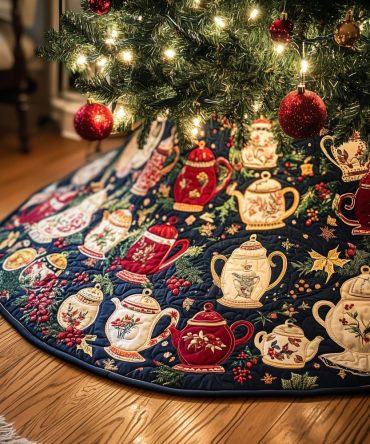 Midnight Blue Teapot Garden Tree Skirt — Luxurious Navy Holiday Skirt With Floral Teapot Motifs, Custom