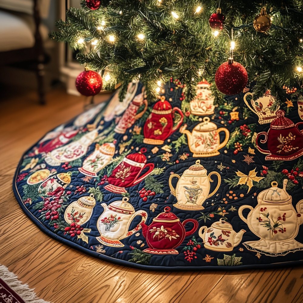 Midnight Blue Teapot Garden Tree Skirt — Luxurious Navy Holiday Skirt With Floral Teapot Motifs, Custom