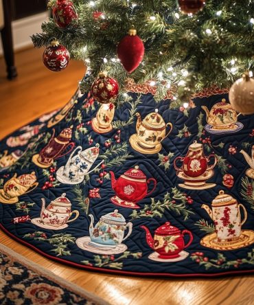Teatime Kettles & Candy Cane Christmas Tree Skirt — Handmade Festive Holiday Skirt With Playful Teapot And Candy Stripe Accents
