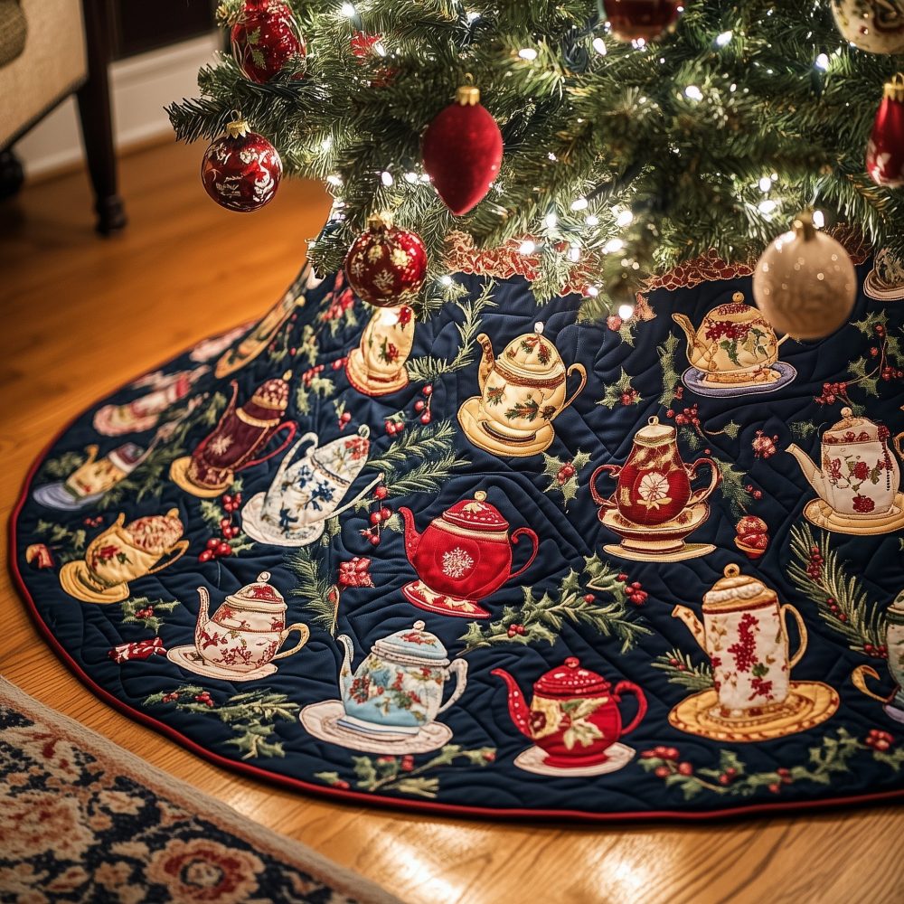 Teatime Kettles & Candy Cane Christmas Tree Skirt — Handmade Festive Holiday Skirt With Playful Teapot And Candy Stripe Accents