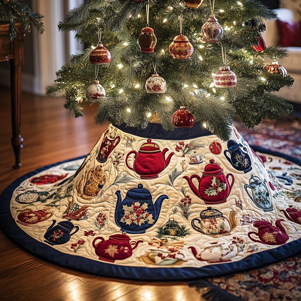 Handmade Heirloom Teapot Ring Christmas Tree Skirt — Custom-Made Holiday Tree Mat, Personalized Home Décor