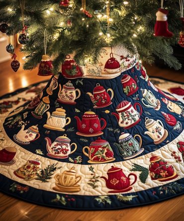 Navy Medallion Teapot Christmas Tree Skirt — Elegant Dark Blue Holiday Skirt, Custom Sewing Option
