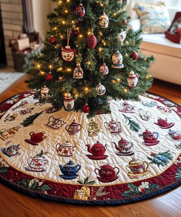 Cream Teapot Sampler Christmas Tree Skirt — Custom Handmade Holiday Skirt Featuring Delicate Tea Pot Motifs On Neutral Base