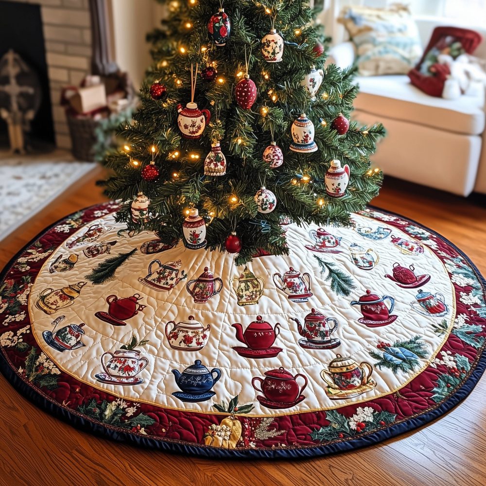 Cream Teapot Sampler Christmas Tree Skirt — Custom Handmade Holiday Skirt Featuring Delicate Tea Pot Motifs On Neutral Base