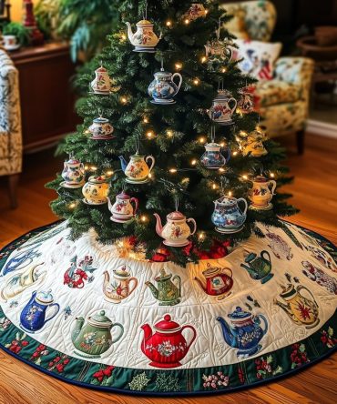 Bright Teapot Party Christmas Tree Skirt — Handmade Colorful Teapot Holiday Skirt, Custom-Made Fun Vintage Tea Decor