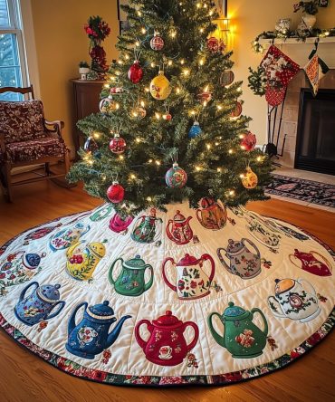 Folk Teapot Border Christmas Tree Skirt — Handmade Custom Holiday Skirt With Charming Folk Art Teapot Border Design