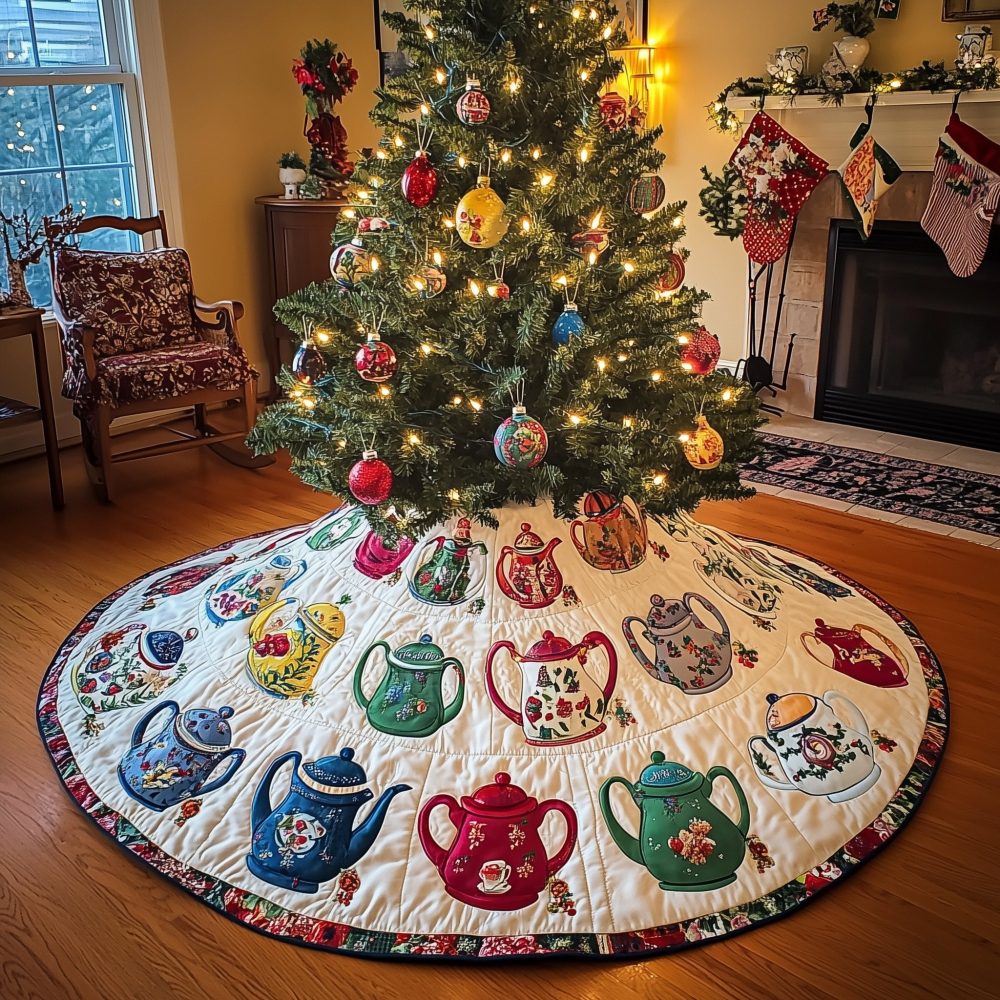 Folk Teapot Border Christmas Tree Skirt — Handmade Custom Holiday Skirt With Charming Folk Art Teapot Border Design