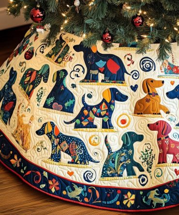 Patchwork Dog Lover Christmas Tree Skirt In Cream & Blue - Custom Quilted Holiday Skirt, Handmade Gift For Pet Owners