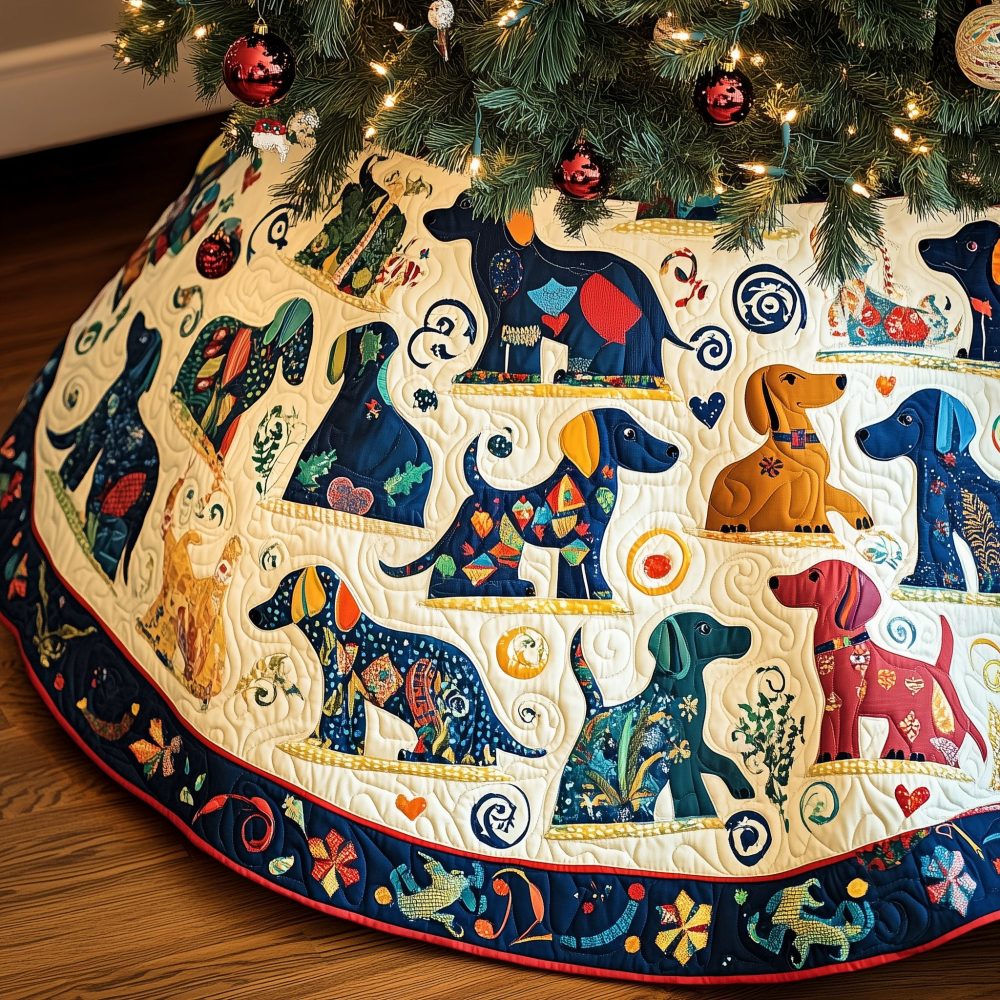 Patchwork Dog Lover Christmas Tree Skirt In Cream & Blue - Custom Quilted Holiday Skirt, Handmade Gift For Pet Owners