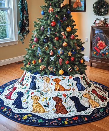 Custom Handmade Patterned Dog Christmas Tree Skirt With Navy Border - Festive Holiday Quilt, Unique Pet Lover Gift
