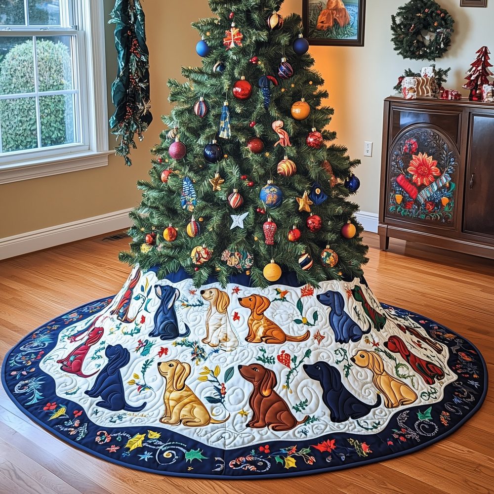 Custom Handmade Patterned Dog Christmas Tree Skirt With Navy Border - Festive Holiday Quilt, Unique Pet Lover Gift