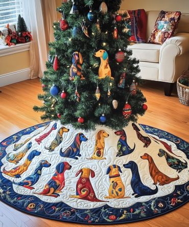 Blue & White Striped Christmas Tree Skirt With Dogs — Nautical-Inspired Quilted Holiday Skirt, Custom Sizes Available