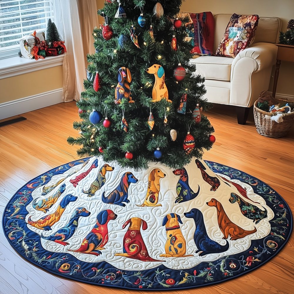 Blue & White Striped Christmas Tree Skirt With Dogs — Nautical-Inspired Quilted Holiday Skirt, Custom Sizes Available