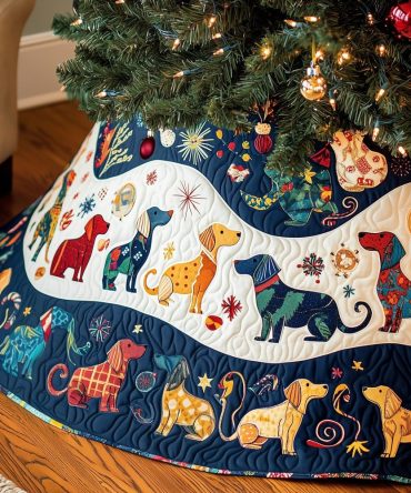 Navy Wave Band Christmas Tree Skirt With Dogs — Classic Quilted Holiday Skirt For Pet-Friendly Homes, Custom Fit