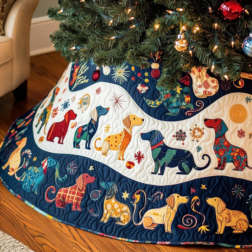 Navy Wave Band Christmas Tree Skirt With Dogs — Classic Quilted Holiday Skirt For Pet-Friendly Homes, Custom Fit