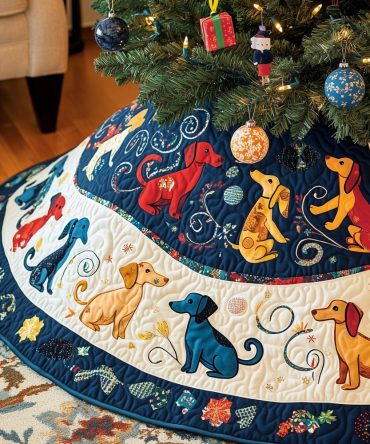 Bright Colorful Dogs On Navy Swirls Christmas Tree Skirt — Eye-Catching Quilted Holiday Skirt For Pet Lovers