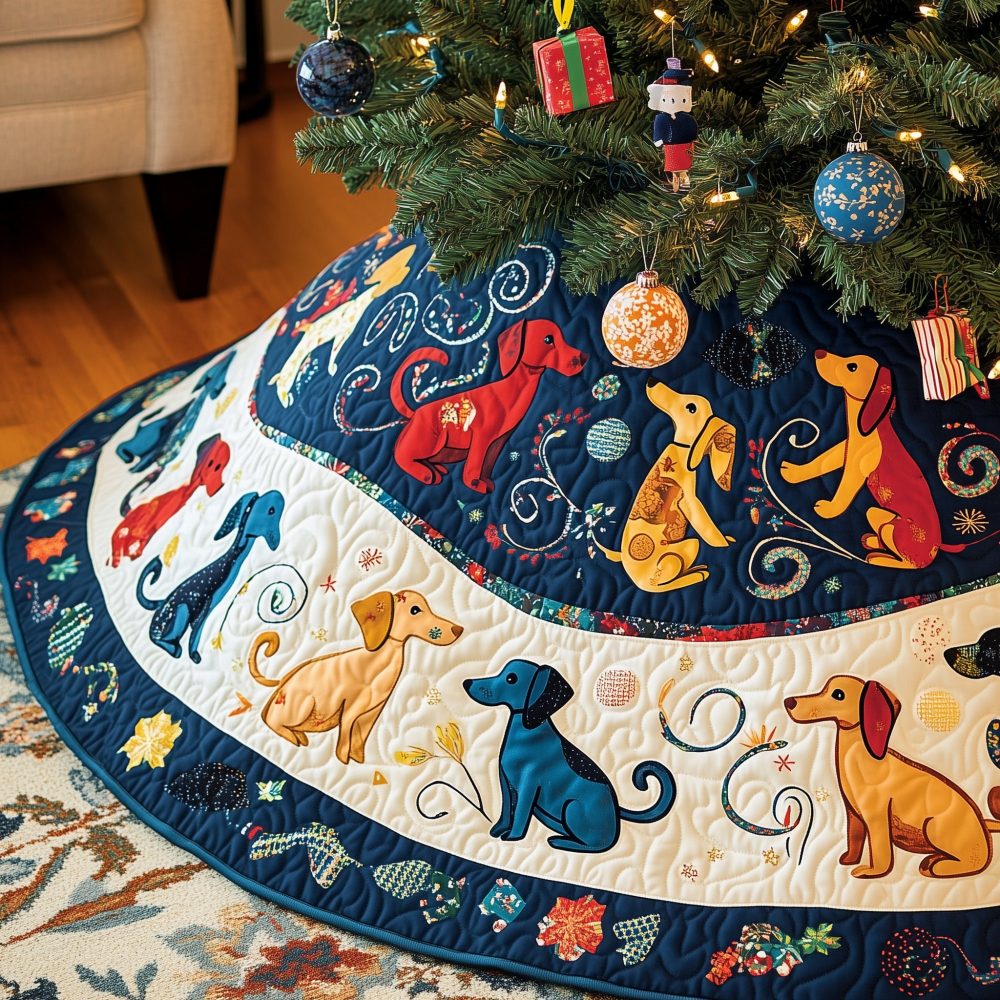 Bright Colorful Dogs On Navy Swirls Christmas Tree Skirt — Eye-Catching Quilted Holiday Skirt For Pet Lovers
