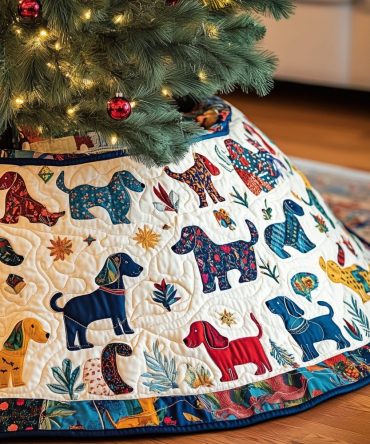 White Christmas Tree Skirt With Scattered Dog Print — Custom Quilted Holiday Skirt For Modern & Playful Decor