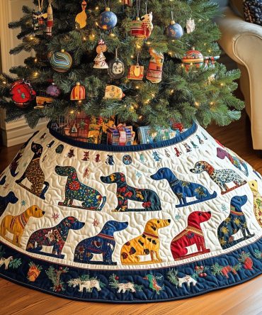 Patterned Dogs Rowed On Cream Christmas Tree Skirt — Playful Quilted Holiday Skirt For Dog Lovers & Family Rooms
