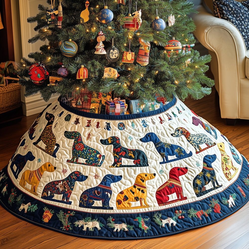 Patterned Dogs Rowed On Cream Christmas Tree Skirt — Playful Quilted Holiday Skirt For Dog Lovers & Family Rooms