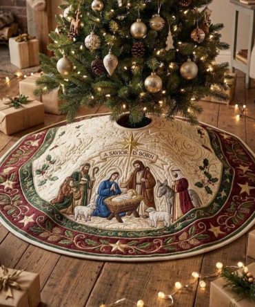 Parchment Medallion Nativity Tree Skirt — Custom-Made Vintage-Style Christmas Base With Antique Nativity Emblem
