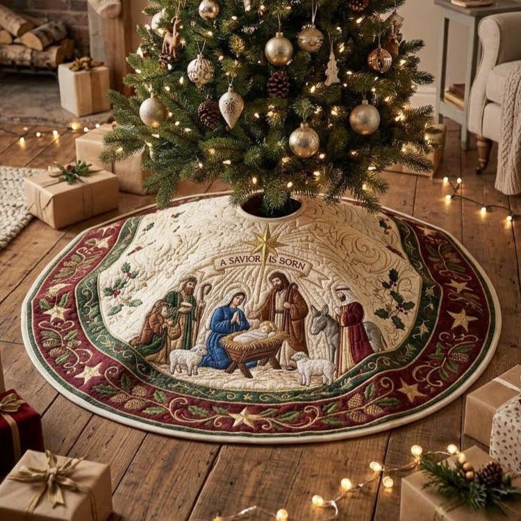 Parchment Medallion Nativity Tree Skirt — Custom-Made Vintage-Style Christmas Base With Antique Nativity Emblem