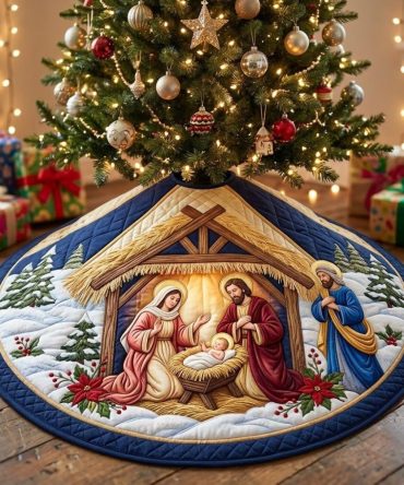 Blue Stable Nativity Christmas Tree Skirt — Custom Handcrafted Classic Nativity Base In Soothing Blue Tones