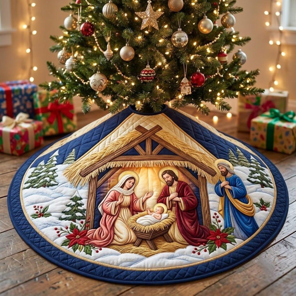 Blue Stable Nativity Christmas Tree Skirt — Custom Handcrafted Classic Nativity Base In Soothing Blue Tones