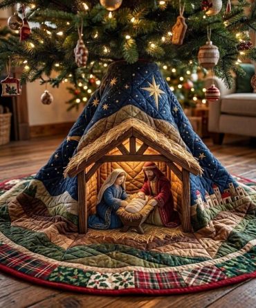 Starry Tent Nativity Tree Skirt — Custom-Made Holiday Base With Celestial Tent Artwork For Christmas Nativity Display