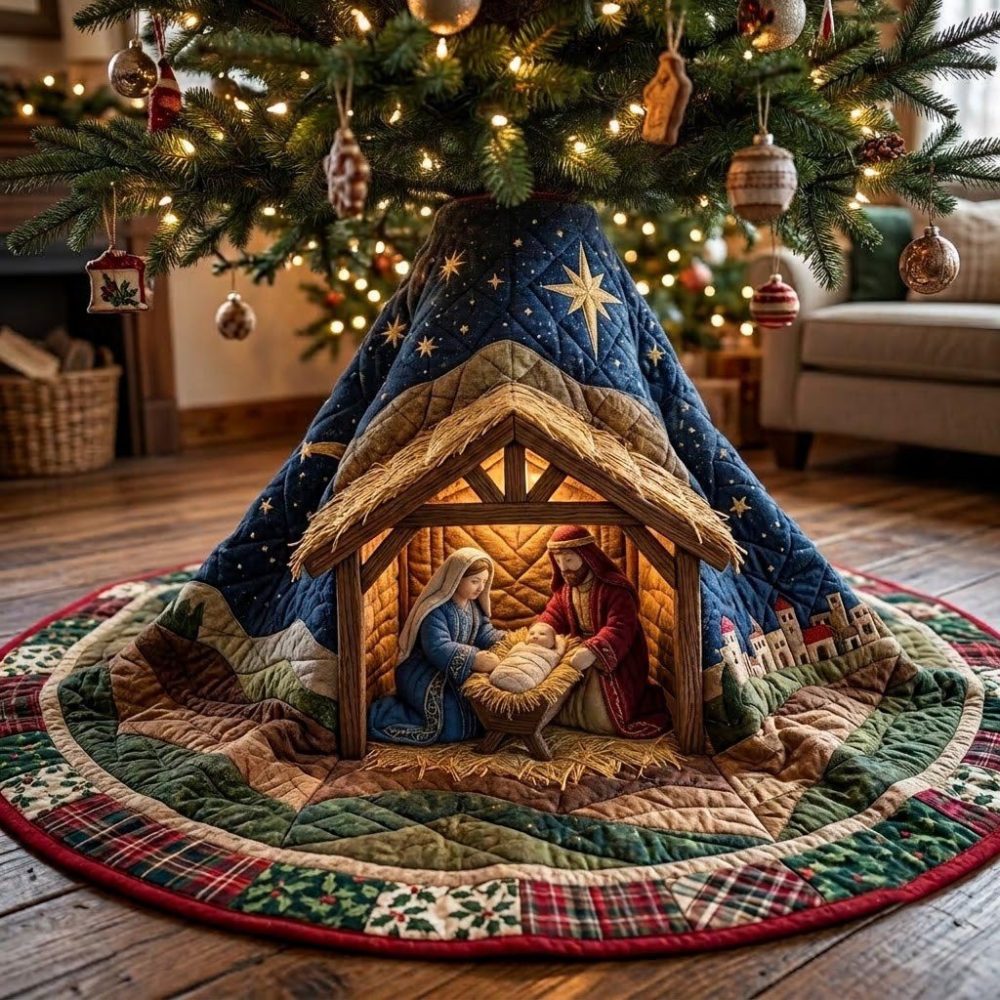 Starry Tent Nativity Tree Skirt — Custom-Made Holiday Base With Celestial Tent Artwork For Christmas Nativity Display