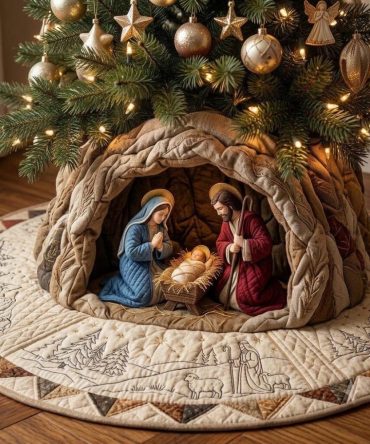 Carved Cave Nativity Christmas Tree Skirt — Custom-Made Rustic Religious Base With Textured Cave Artwork