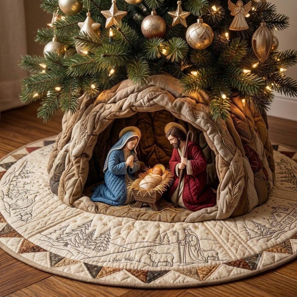 Carved Cave Nativity Christmas Tree Skirt — Custom-Made Rustic Religious Base With Textured Cave Artwork