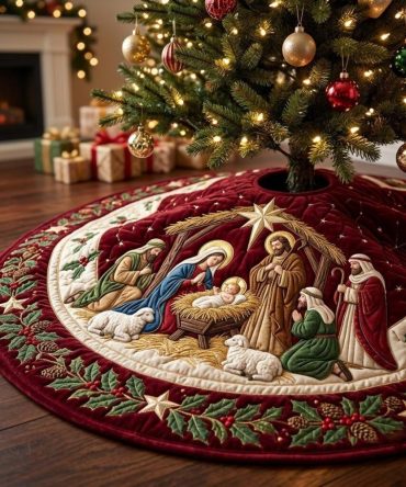 Crimson Wreath Ring Nativity Tree Skirt — Custom Holiday Base With Rich Burgundy Wreath Artwork For Christmas