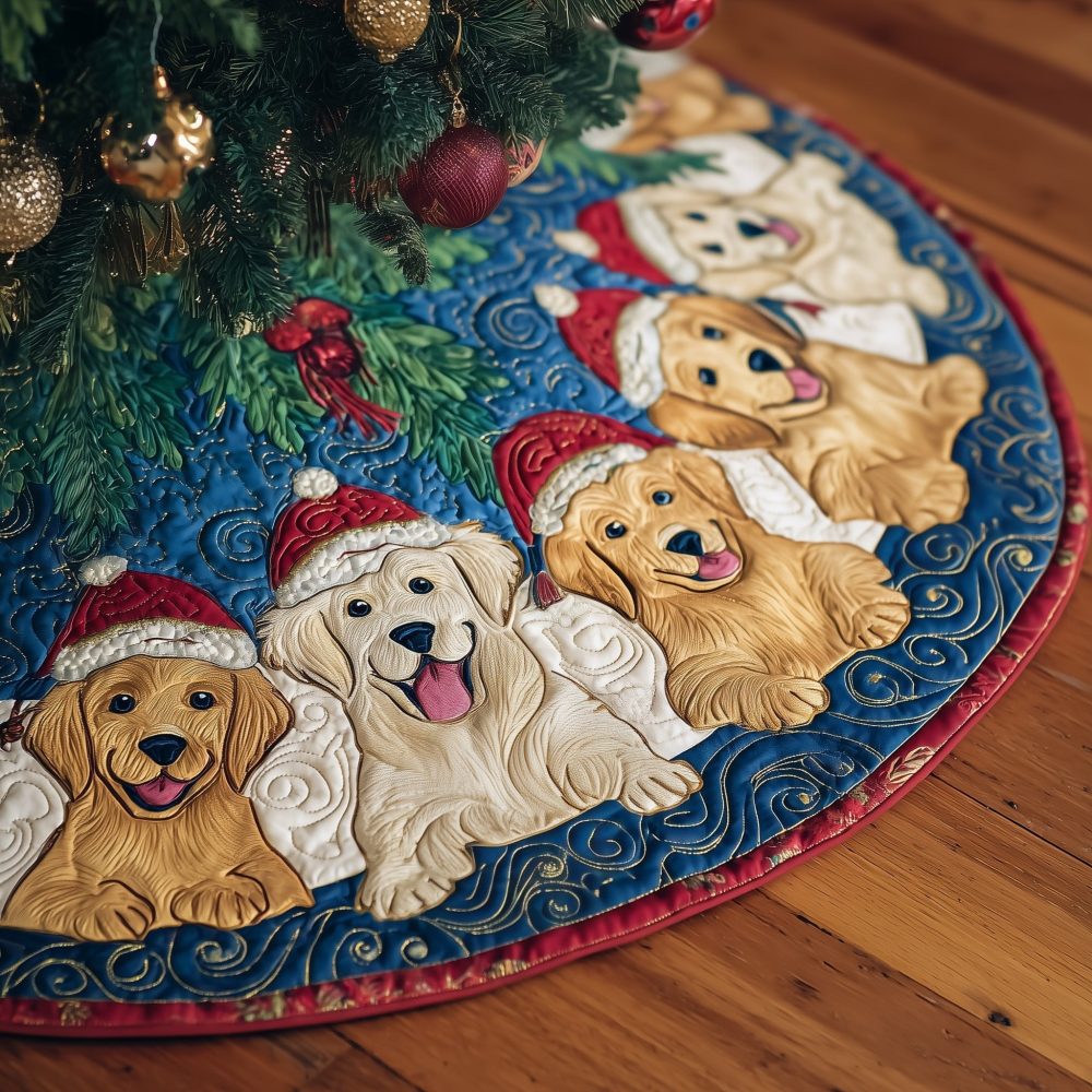 Golden Retriever Christmas Tree Skirt — Custom Dog Lover Holiday Decor, Quilted Festive Retriever Illustration, Handmade Pet-Themed Tree Mat