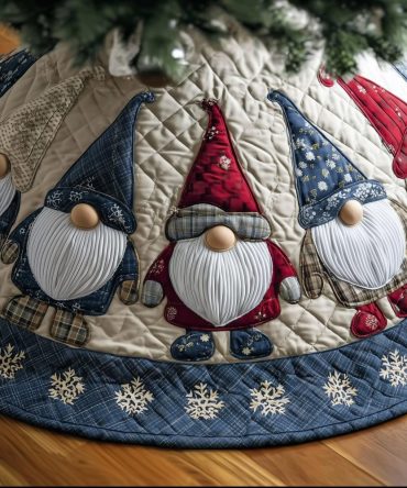 Gnome Fan Panel In Blue Denim Holiday Tree Skirt — Durable Handmade Denim-Style Gnome Skirt, Perfect For Cozy Christmas Vibes