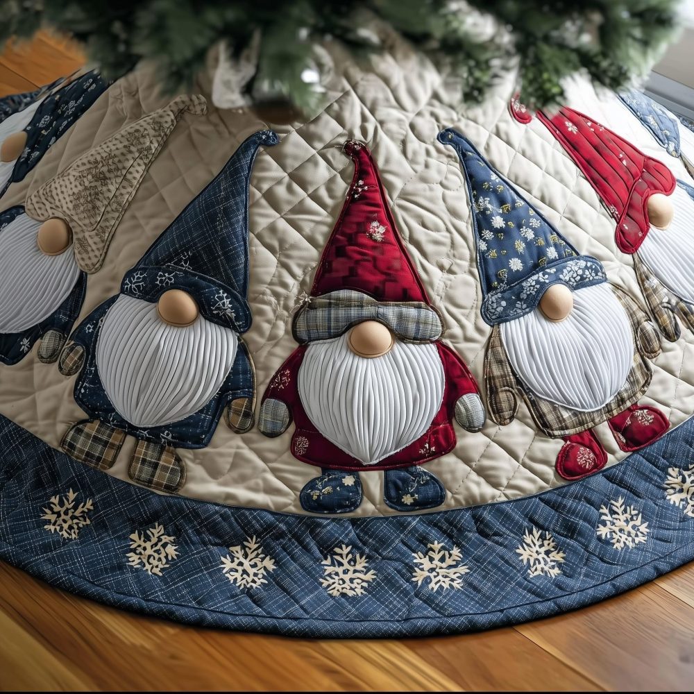 Gnome Fan Panel In Blue Denim Holiday Tree Skirt — Durable Handmade Denim-Style Gnome Skirt, Perfect For Cozy Christmas Vibes