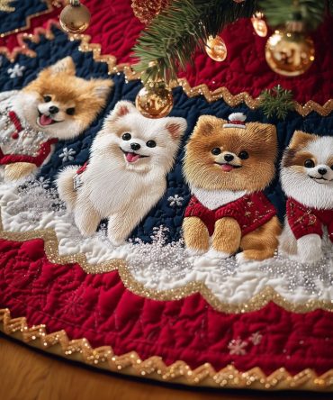 Custom Red Christmas Tree Skirt Featuring Adorable Pomeranians In Cozy Scarves — Made-To-Order Holiday Dog Decor