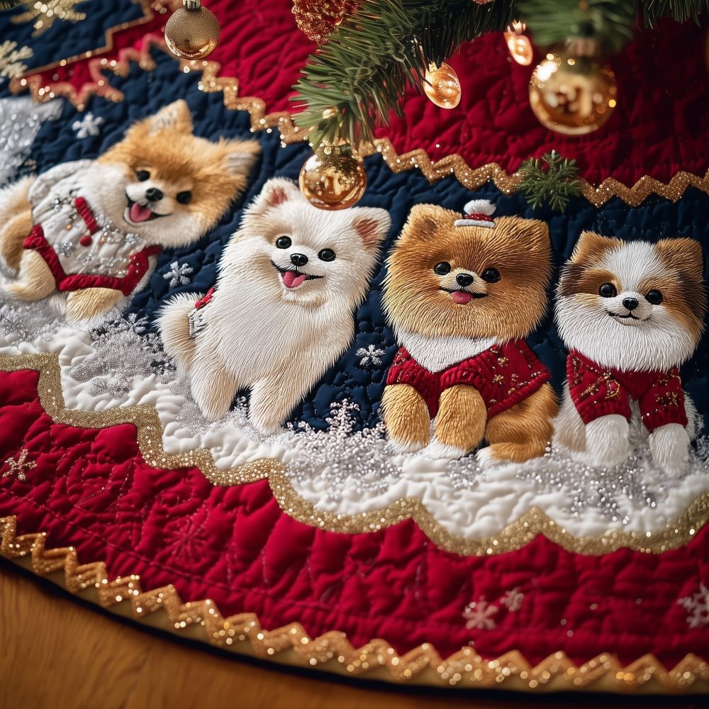 Custom Red Christmas Tree Skirt Featuring Adorable Pomeranians In Cozy Scarves — Made-To-Order Holiday Dog Decor