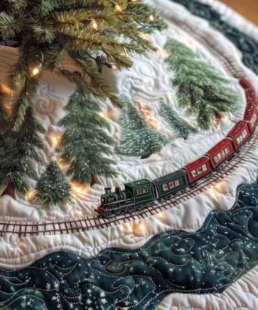 Custom Snow Train Christmas Tree Skirt — Handmade Winter Railway Design, Plush Tree Collar, Made-To-Order