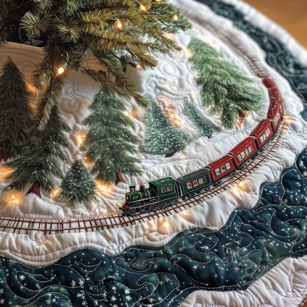 Custom Snow Train Christmas Tree Skirt — Handmade Winter Railway Design, Plush Tree Collar, Made-To-Order