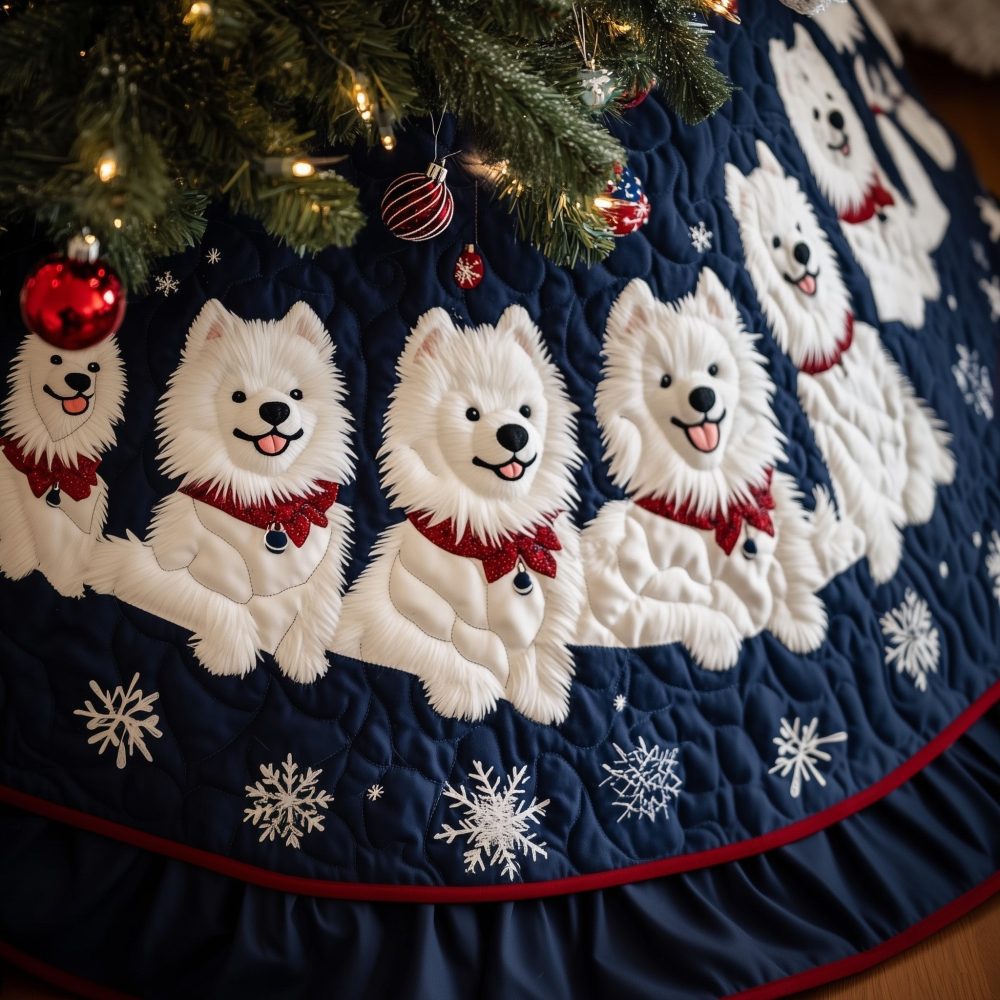 Samoyed Holiday Tree Skirt — Handmade Samoyed Christmas Tree Skirt, Personalized Pet Lover Decor, Custom Sizes & Gifts