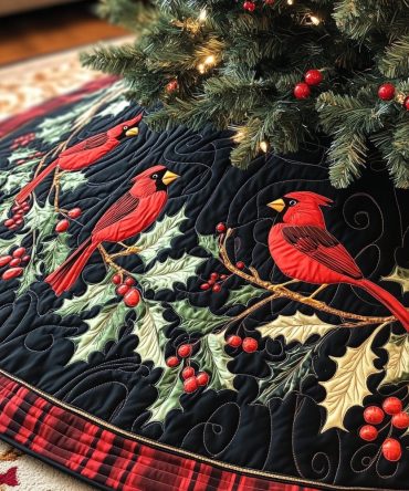 Handcrafted Cardinal Christmas Tree Skirt — Vibrant Red Songbird Design, Plush Fabric, Custom Sizes Available