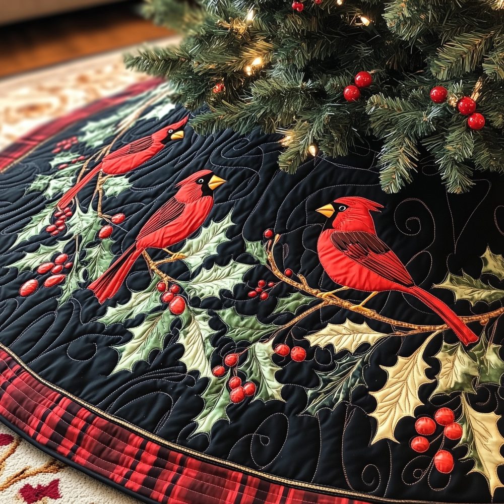 Handcrafted Cardinal Christmas Tree Skirt — Vibrant Red Songbird Design, Plush Fabric, Custom Sizes Available