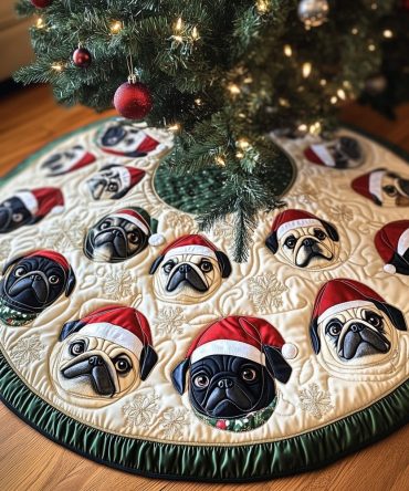 Cute Pug Puppies Christmas Tree Skirt — Handmade Custom Dog Holiday Decor, Quilted Pug Portraits, Soft Fabric, Perfect Gift For Pug Owners