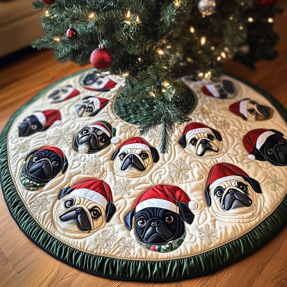 Cute Pug Puppies Christmas Tree Skirt — Handmade Custom Dog Holiday Decor, Quilted Pug Portraits, Soft Fabric, Perfect Gift For Pug Owners