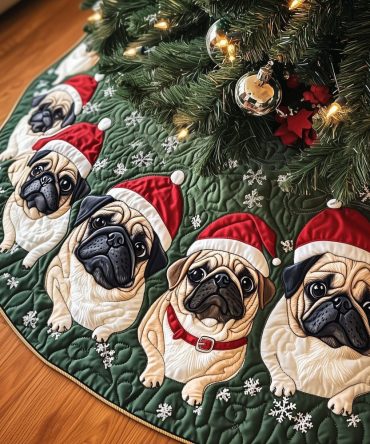 Festive Pugs Christmas Tree Skirt — Adorable Handmade Pug-Themed Holiday Skirt, Personalized Gift For Dog Lovers