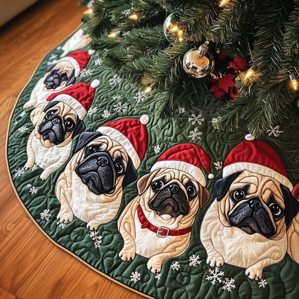 Festive Pugs Christmas Tree Skirt — Adorable Handmade Pug-Themed Holiday Skirt, Personalized Gift For Dog Lovers