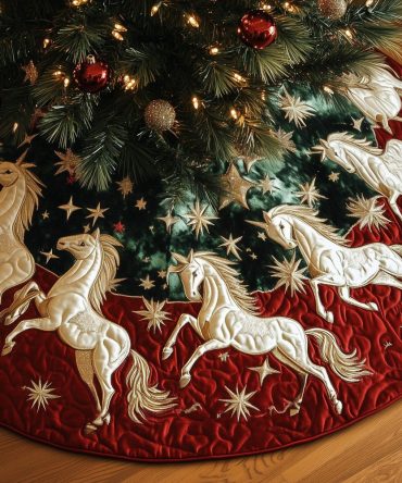 Ivory Horse & Crimson Star Christmas Tree Skirt — Custom Handmade Holiday Skirt Featuring Elegant Equestrian Motif