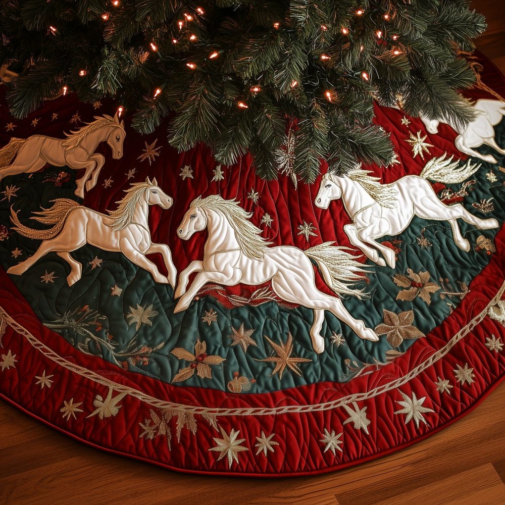 Galloping Horse Red Ring Christmas Tree Skirt — Custom Handmade Equestrian Holiday Skirt With Bold Red Accent And Movement