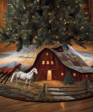 Rustic Horse Farm Christmas Tree Skirt — Equestrian Holiday Decor, Quilted Meadow & Horses Scene, Custom Farmhouse Look, Gift For Riders